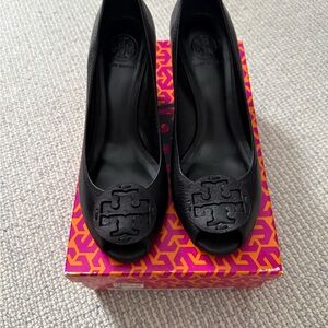 New! Tory Burch Black Peep-Toe Heels